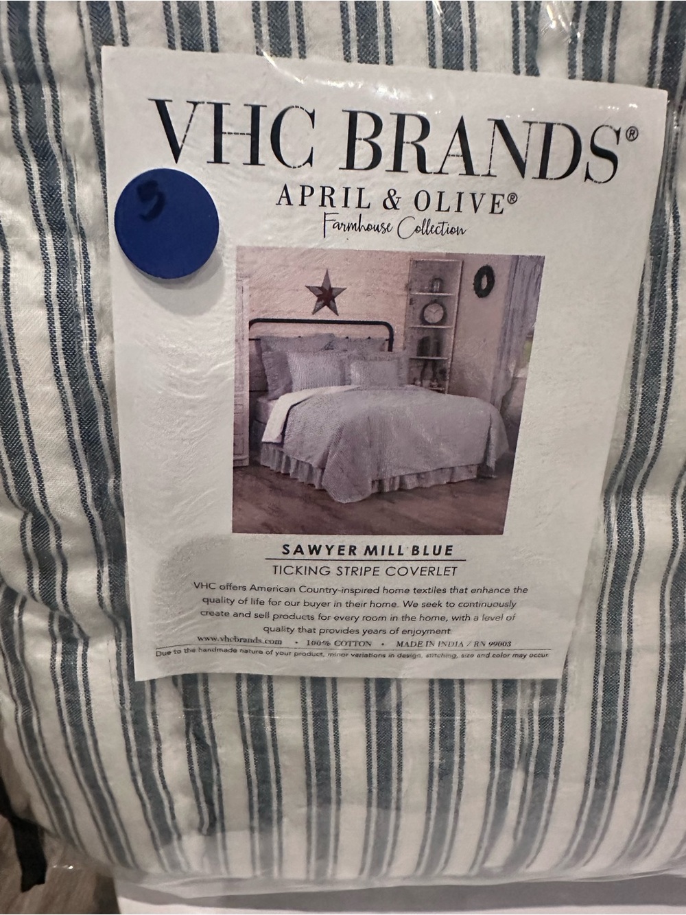 VHC Brands April & Olive Sawyer Mill Blue Ticking Stripe Coverlet - Blue & White
